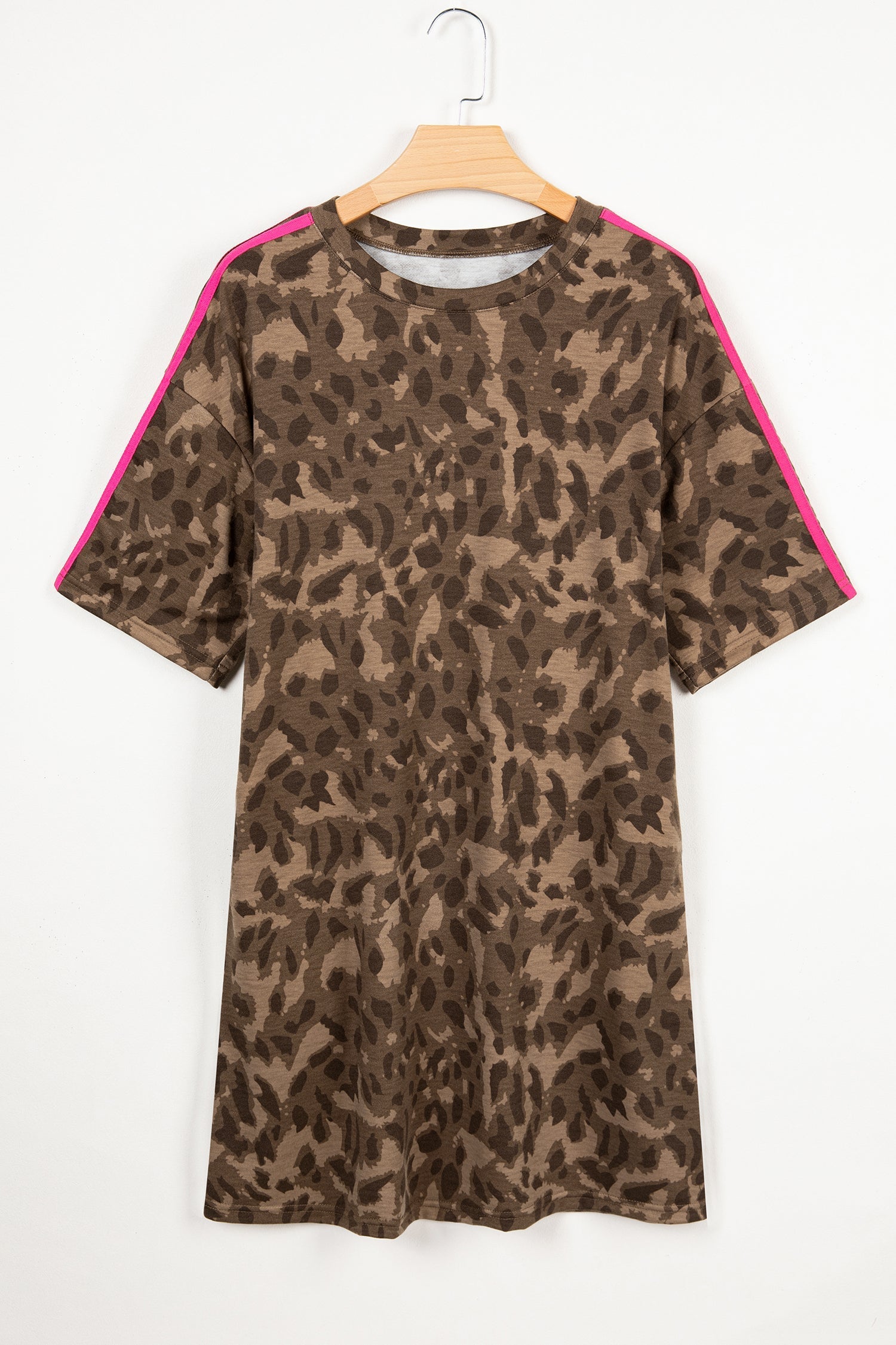 Brown Mini T-Shirt Dress with Leopard Print and Pockets