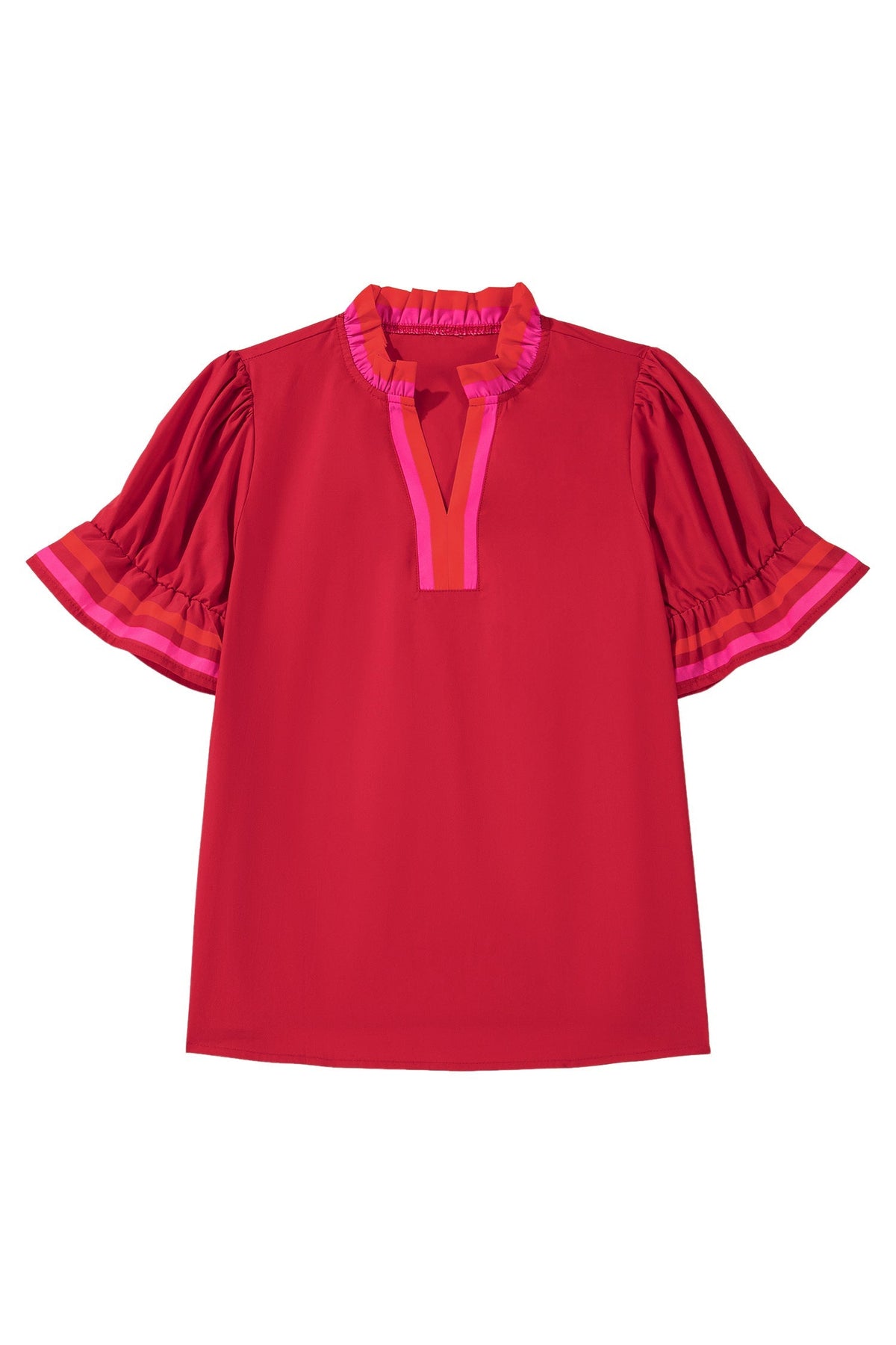 Blusa a righe rosso fuoco con colletto a volant e maniche corte arricciate
