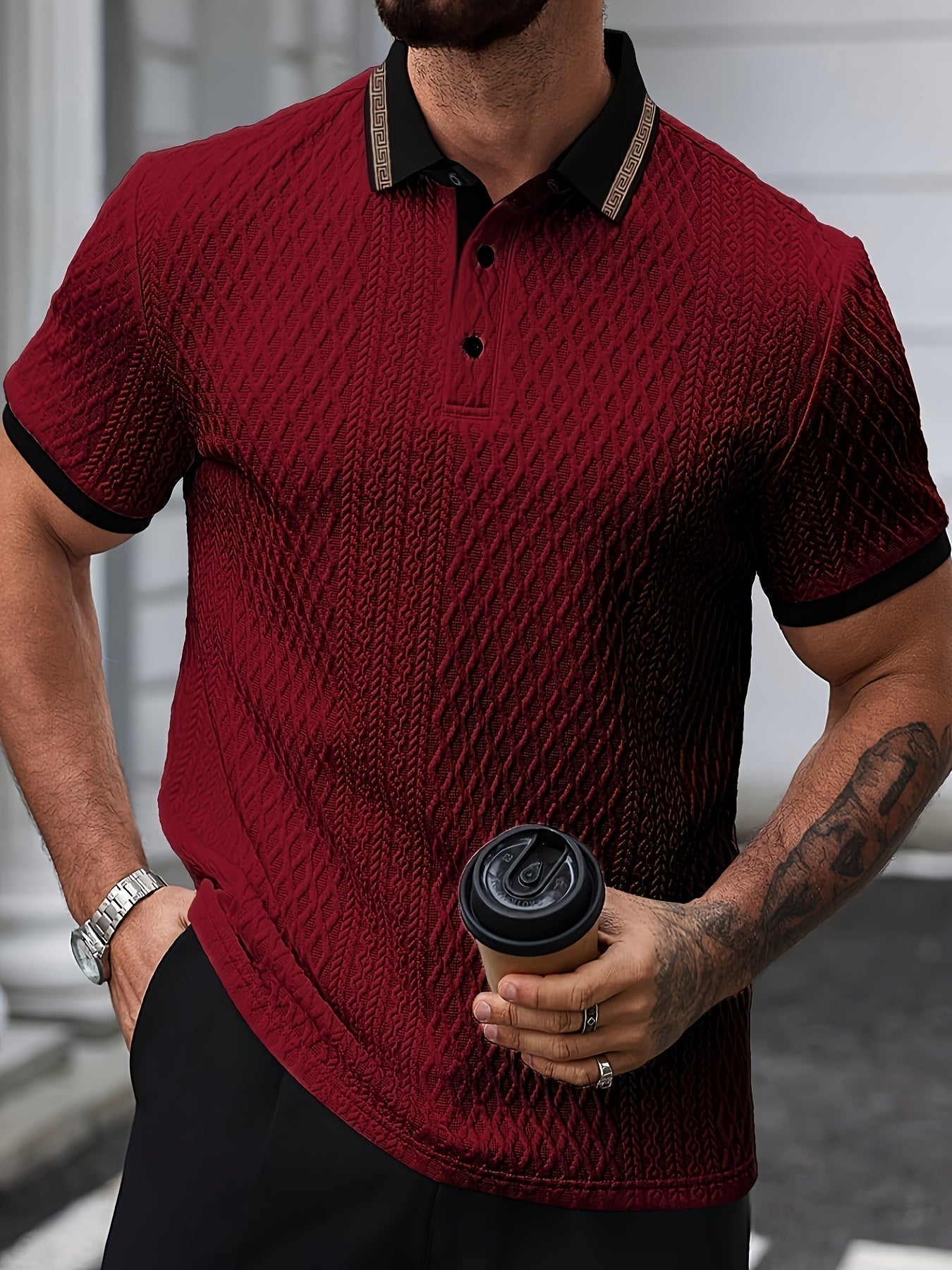 Men's Textured Polo Shirt, Short Sleeve, Slim Fit, Breathable