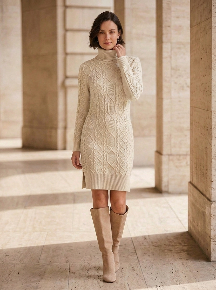 Abito in Maglia da Donna con Collo Alto e Maniche Lunghe