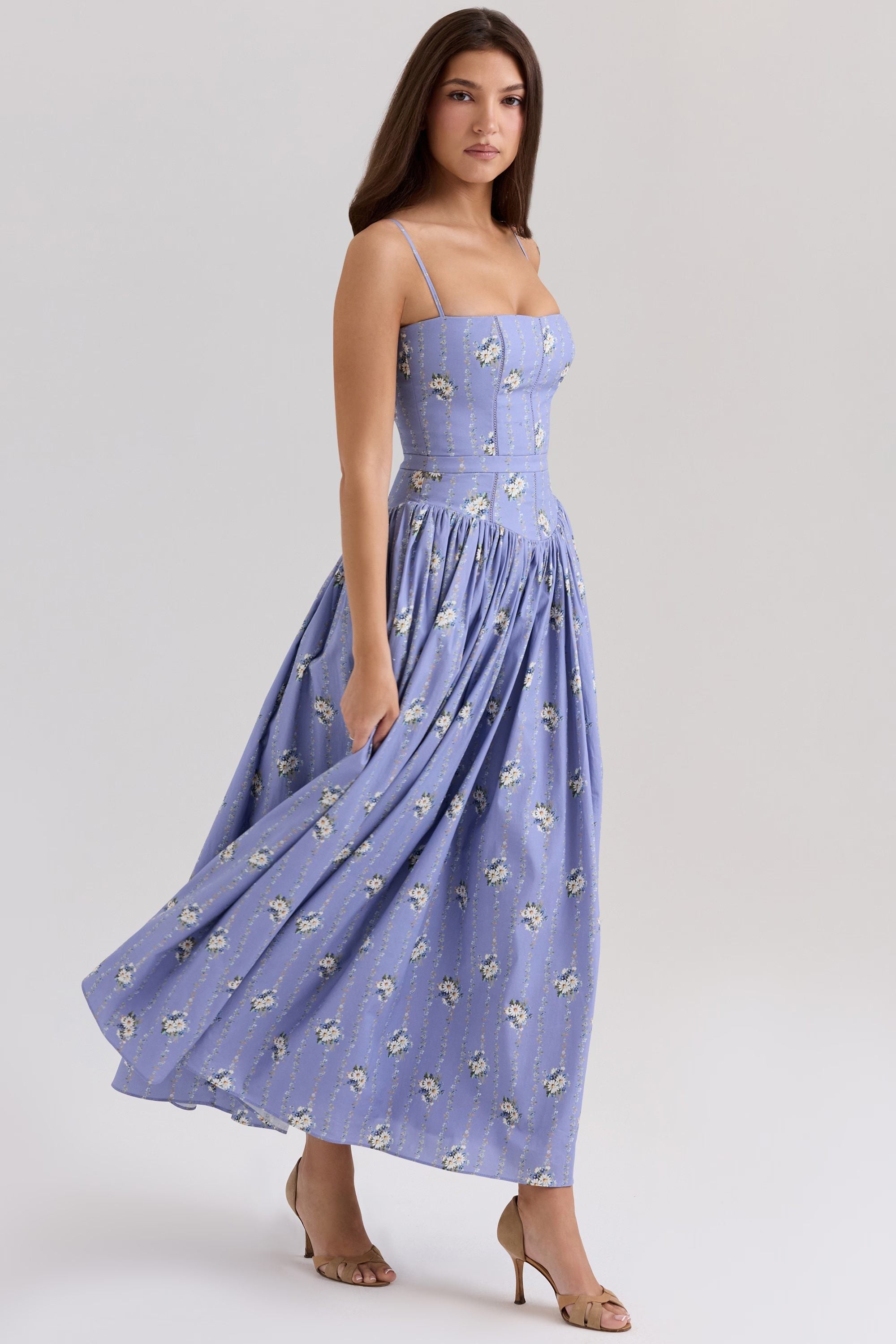 Abito Midi Donna Floreale con Scollo Dritto e Spalline Sottili