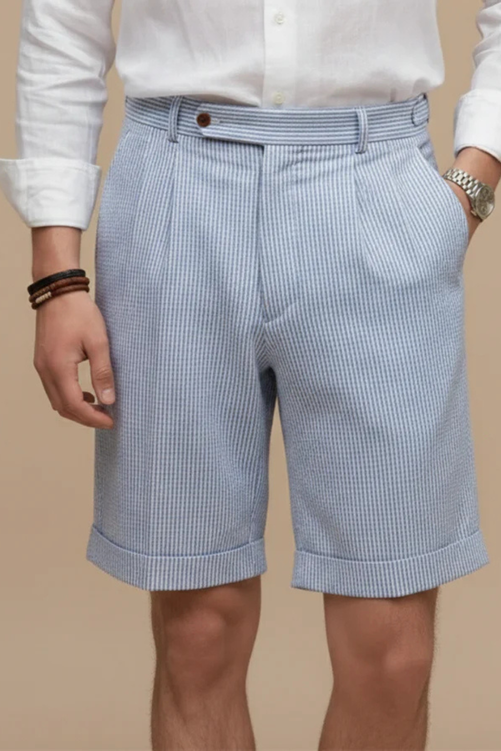 Scott | Men's High-Waisted Seersucker Striped Chino Shorts with Cuffs