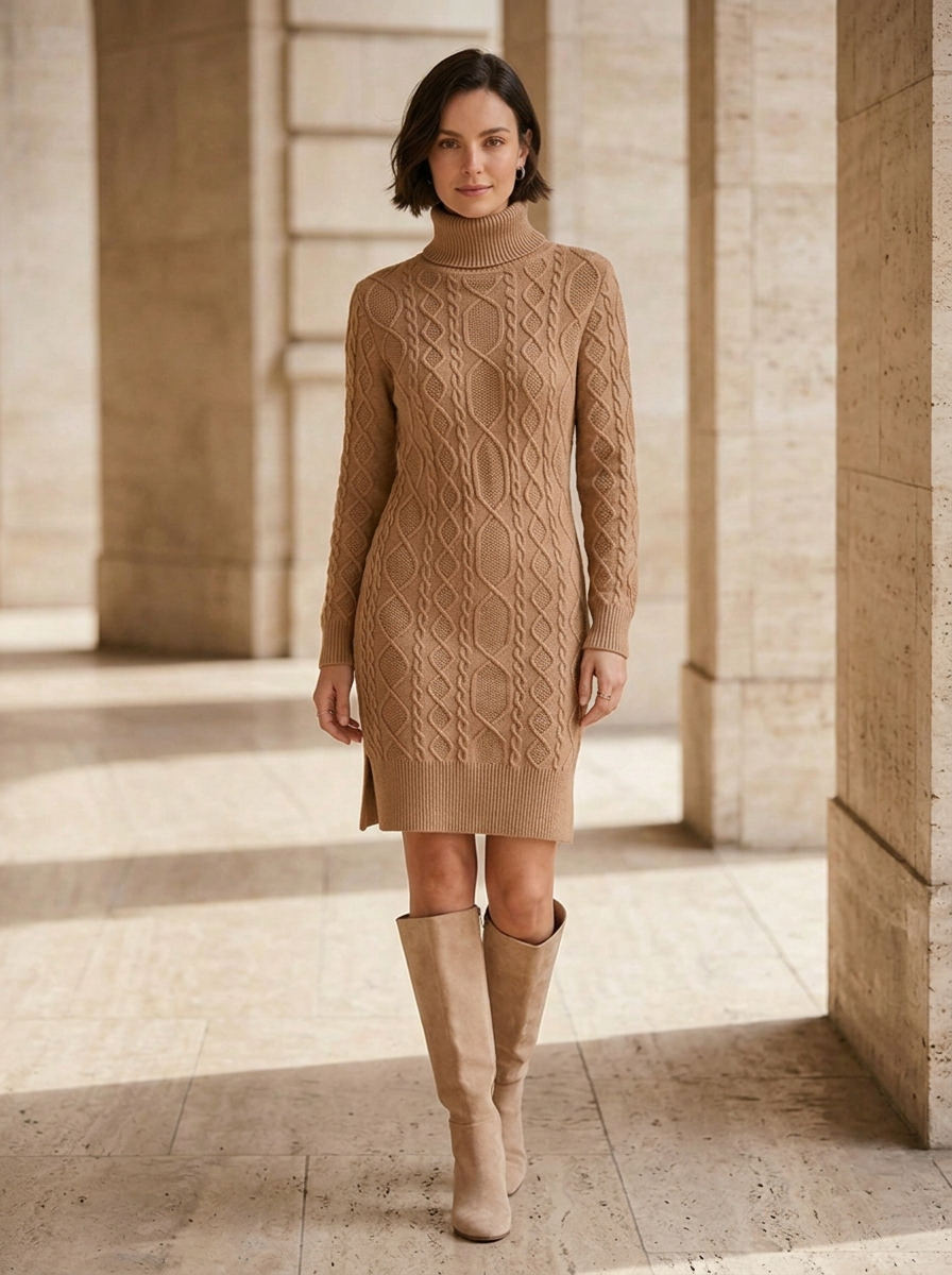 Abito in Maglia da Donna con Collo Alto e Maniche Lunghe
