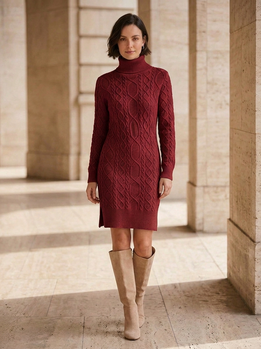 Abito in Maglia da Donna con Collo Alto e Maniche Lunghe
