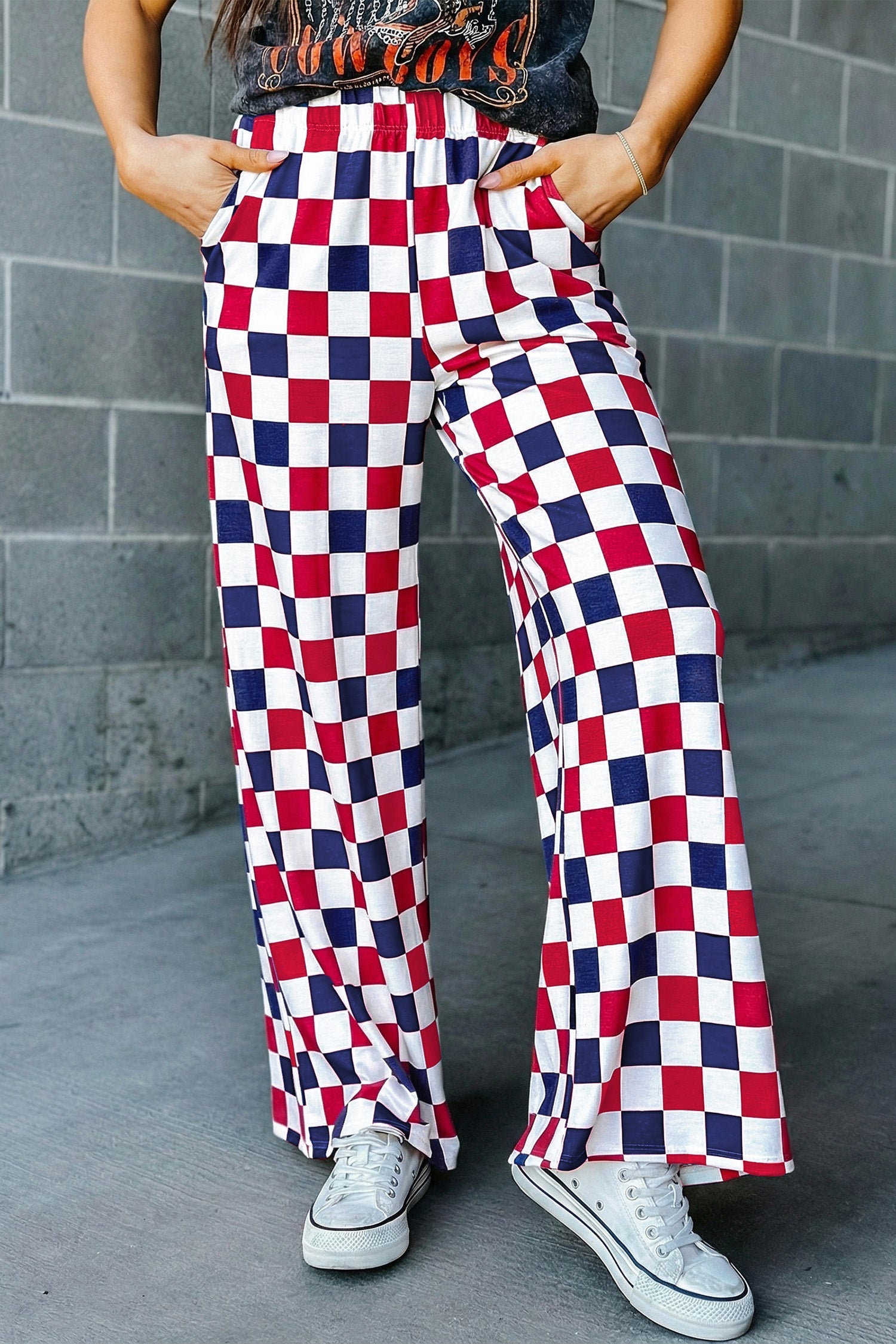 Pantaloni a Gamba Larga a Vita Alta con Stampa a Scacchi Bicolore