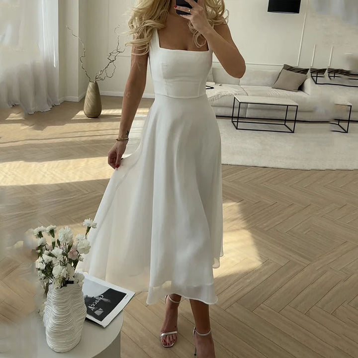 Abito Midi Donna a Fascia con Gonna Svasata