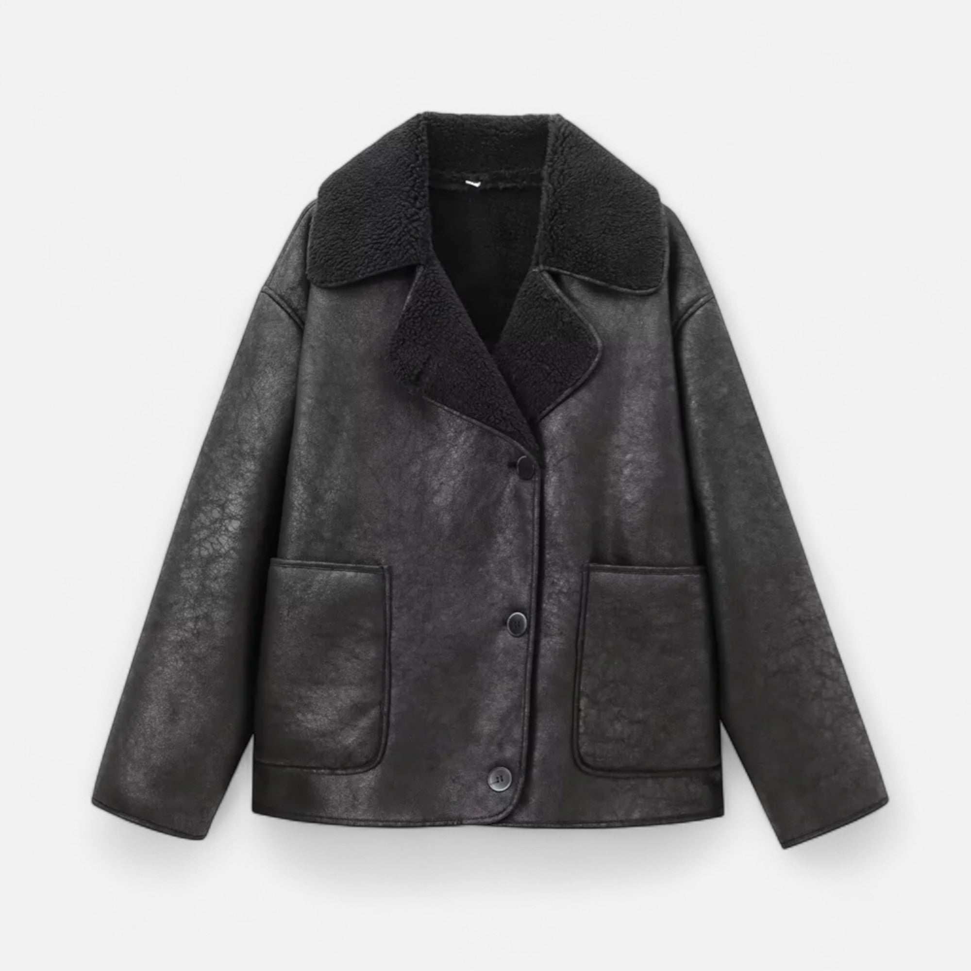 Giacca Donna Effetto Pelle con Colletto in Shearling e Tasche