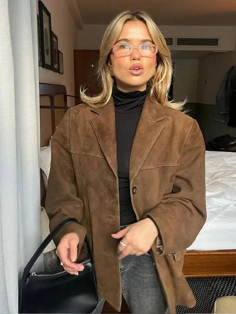 Giacca Blazer Oversize Elegante in Pelle Scamosciata