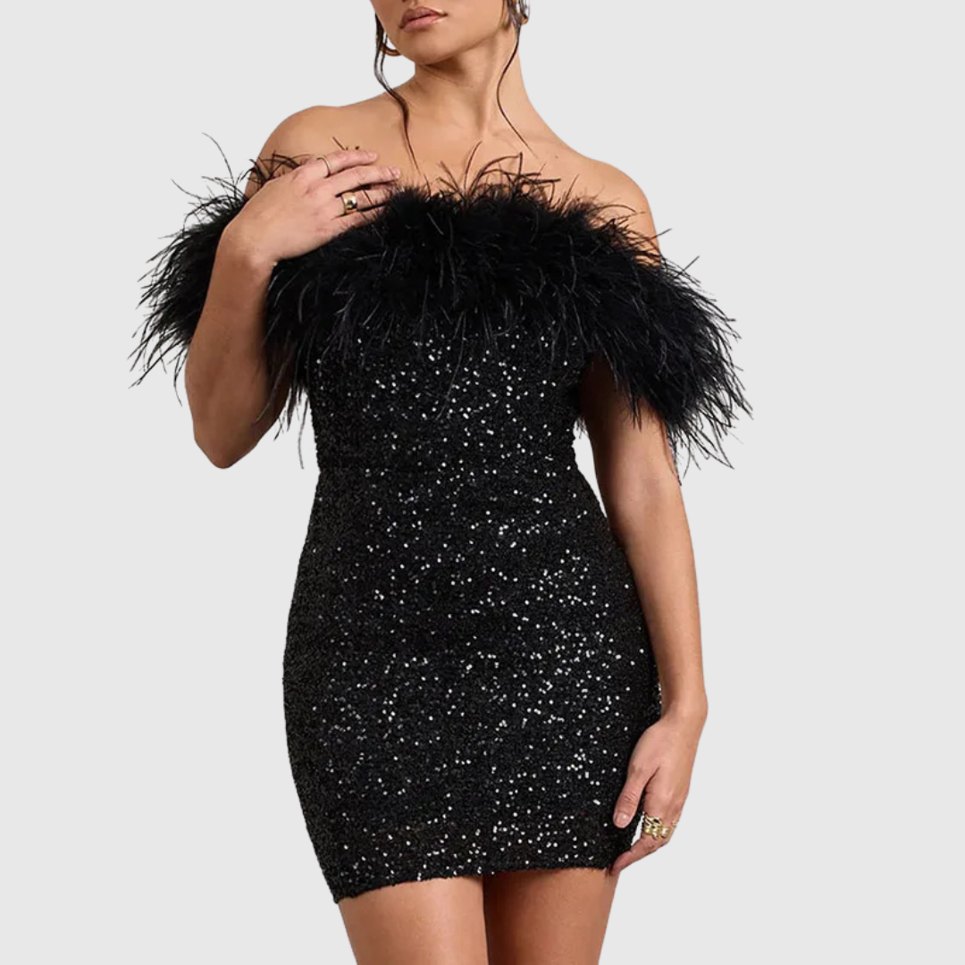 Abito Corto da Sera con Paillettes e Scollo Bardot da Donna