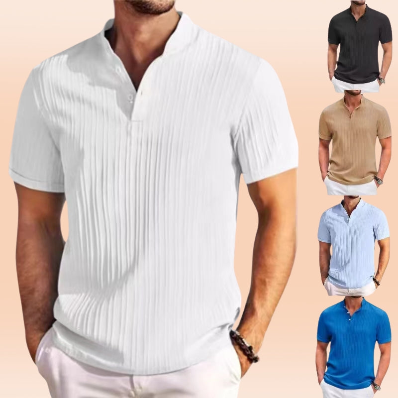 Men's Ribbed Knit Polo with Casual Henley Collar