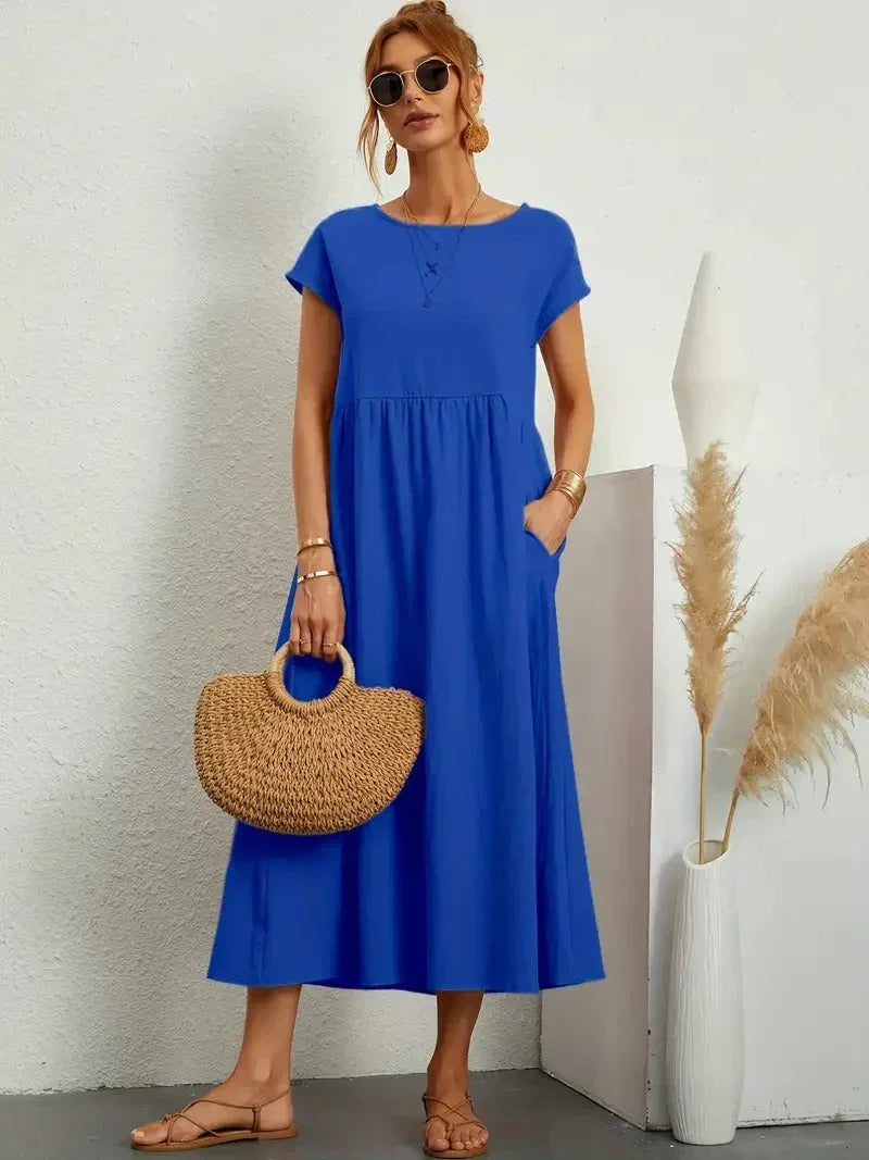 Abito Lungo Donna Casual con Tasche e Maniche Corte