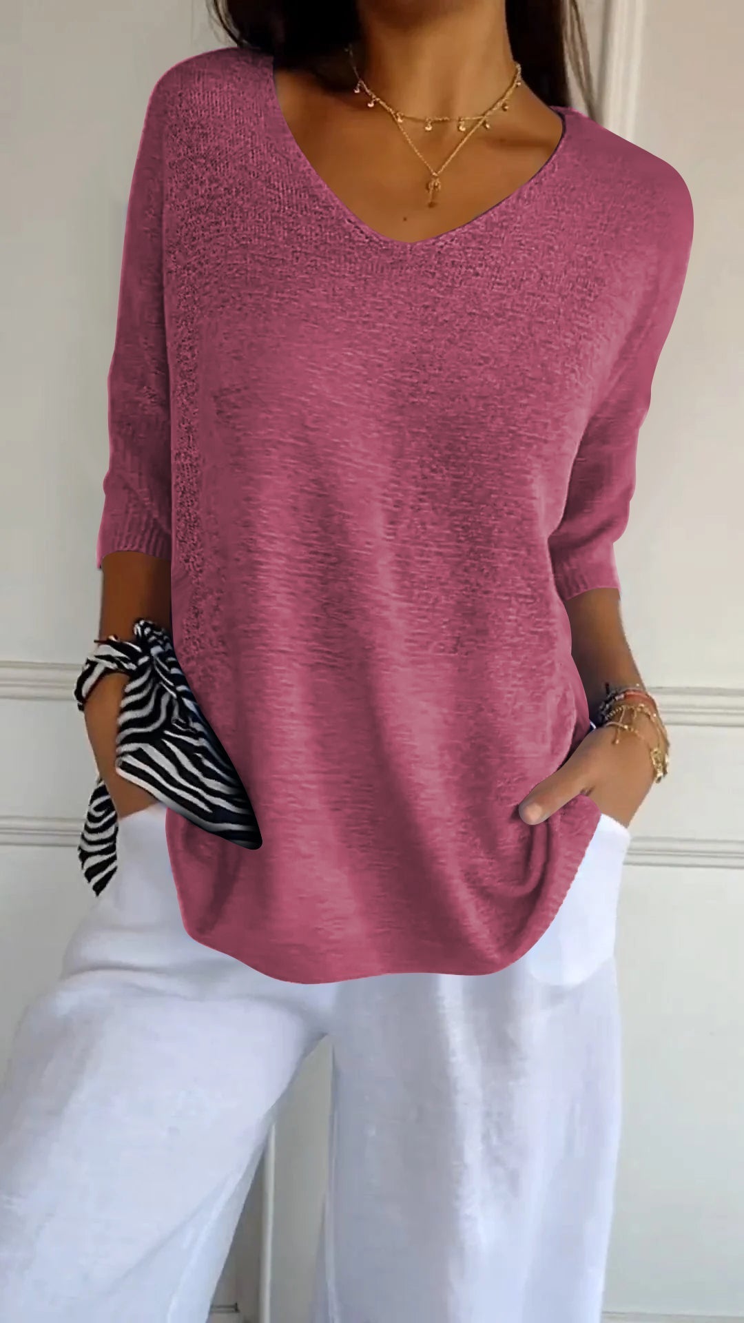 Maglia Donna Casual Scollo a V Maniche Lunghe Morbida