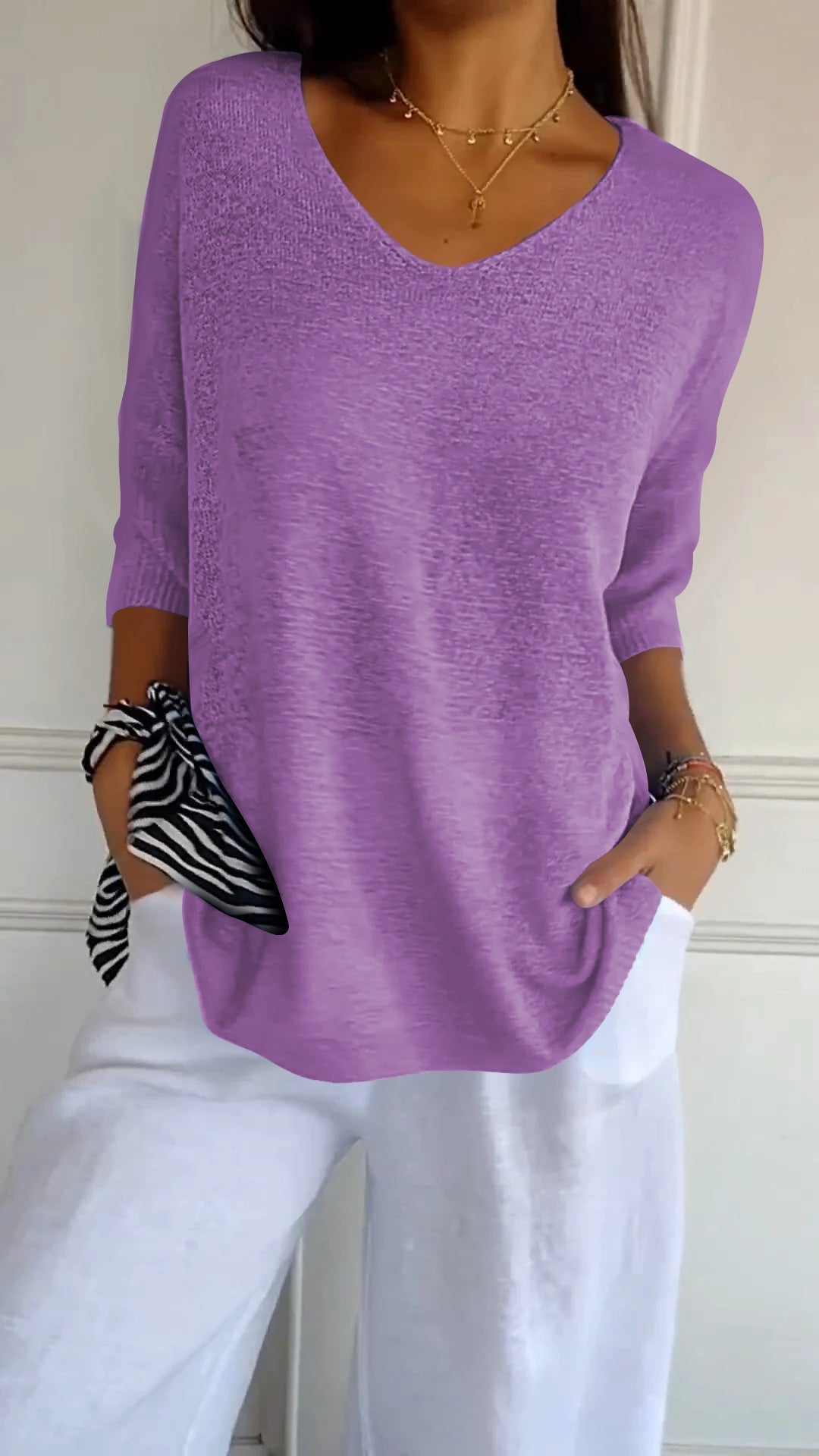 Maglia Donna Casual Scollo a V Maniche Lunghe Morbida
