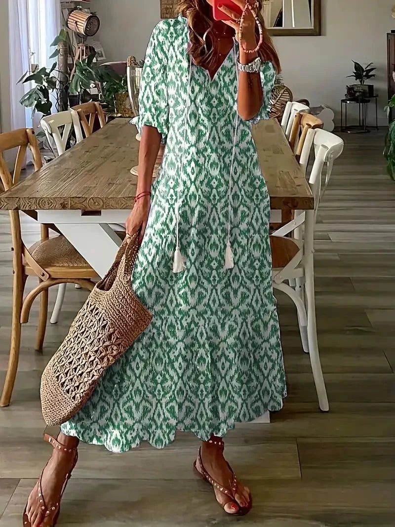 Vestido Boho Charm para Mujer – Elegante Vestido de Verano con Volantes, Escote en V y Estampado Ikat