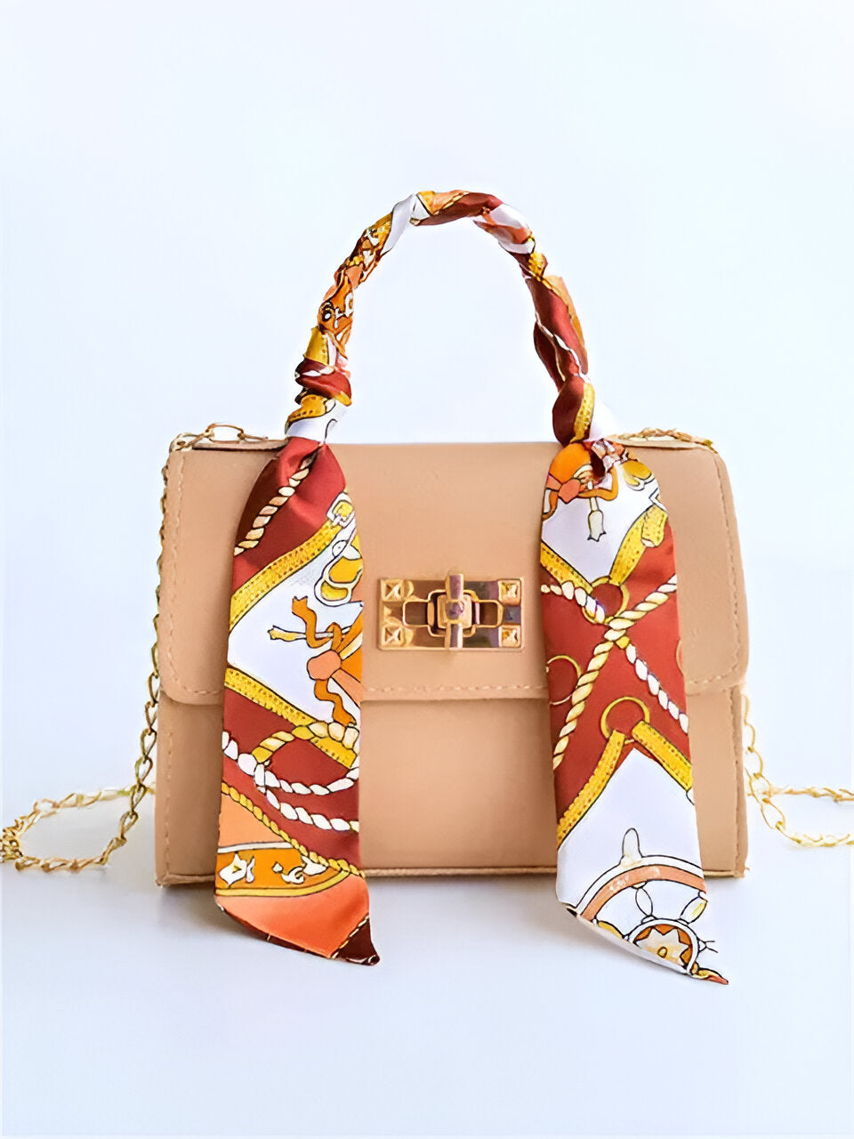 Sac à main pour femme avec foulard décoratif et bandoulière chaîne