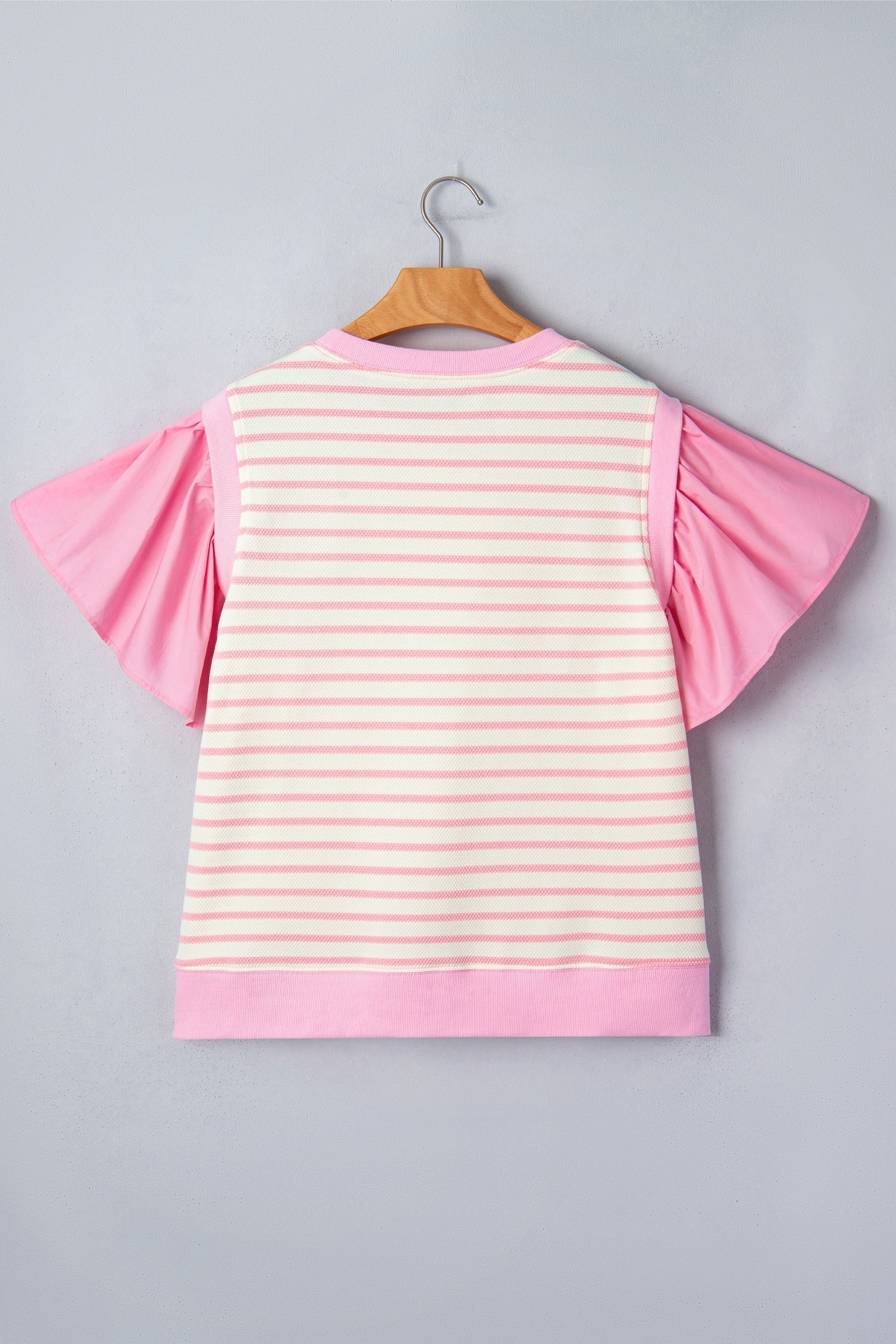 Pink Striped Blouse with Short Ruffled Sleeves and Patchwork