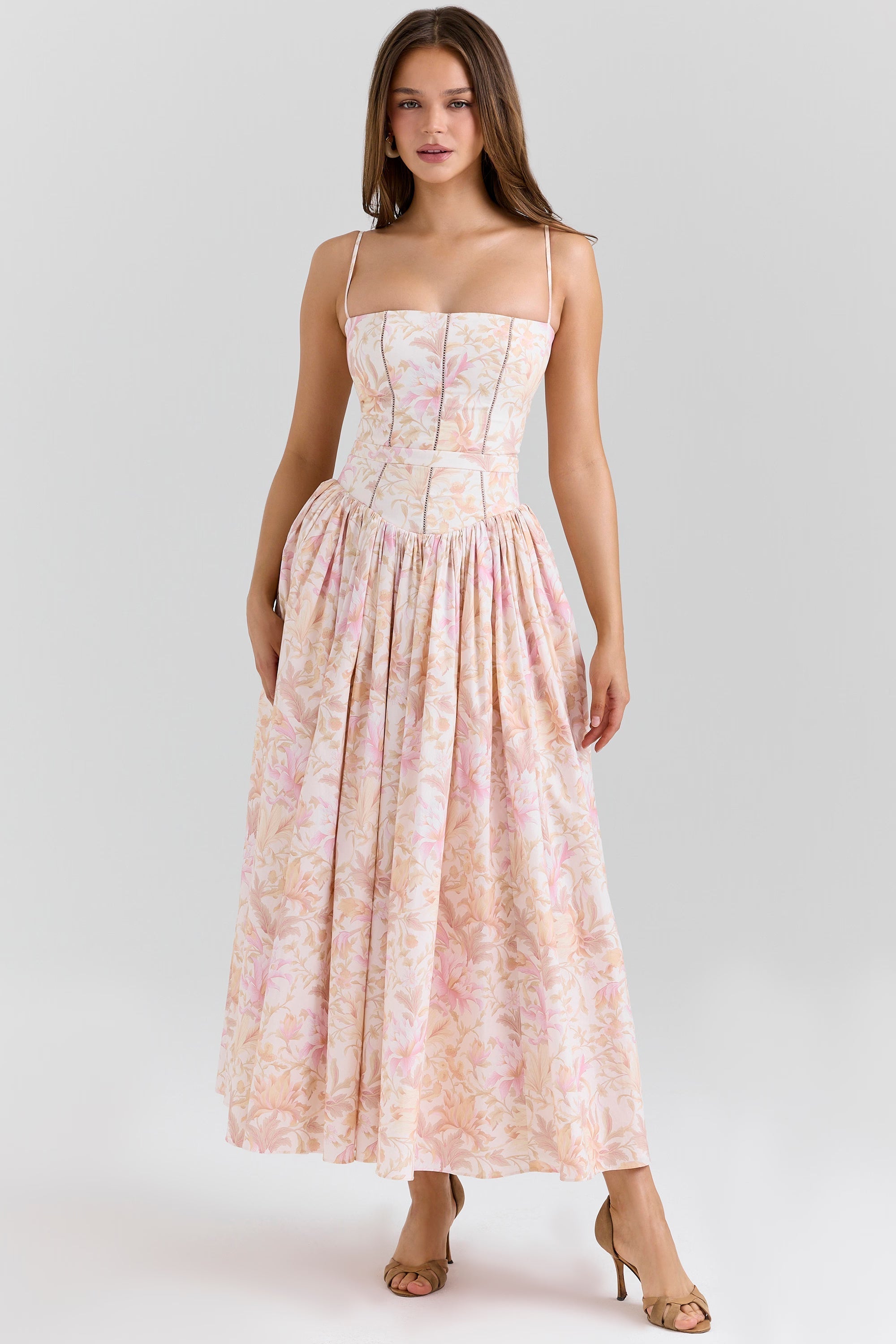 Abito Midi Donna Floreale con Scollo Dritto e Spalline Sottili