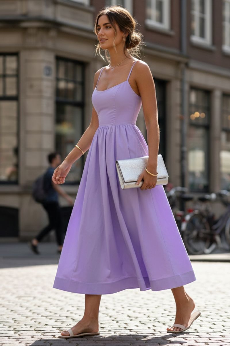 Abito Midi da Donna con Spalline Sottili e Gonna Svasata