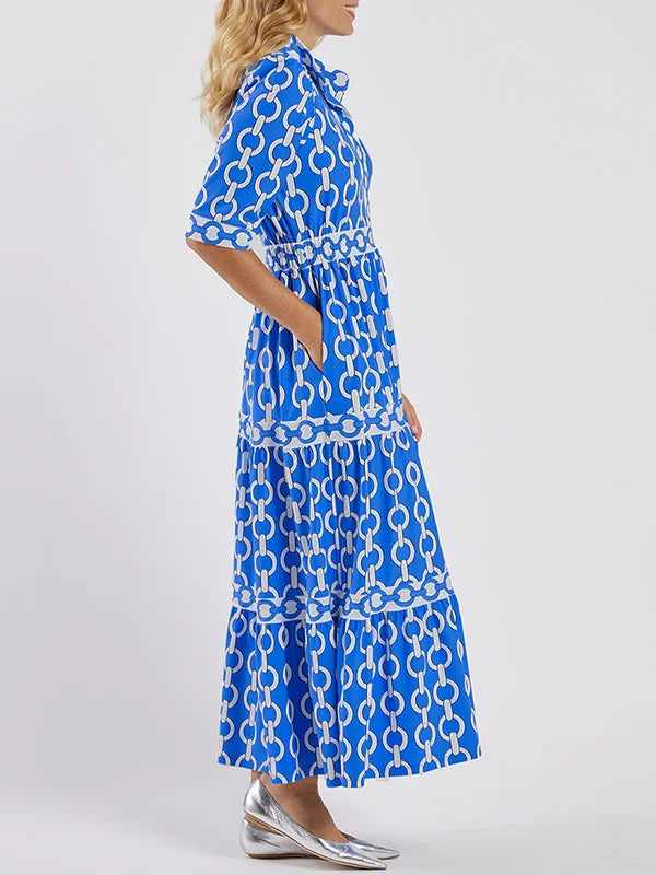 Abito Maxi da Donna con Stampa Geometrica e Cintura in Vita
