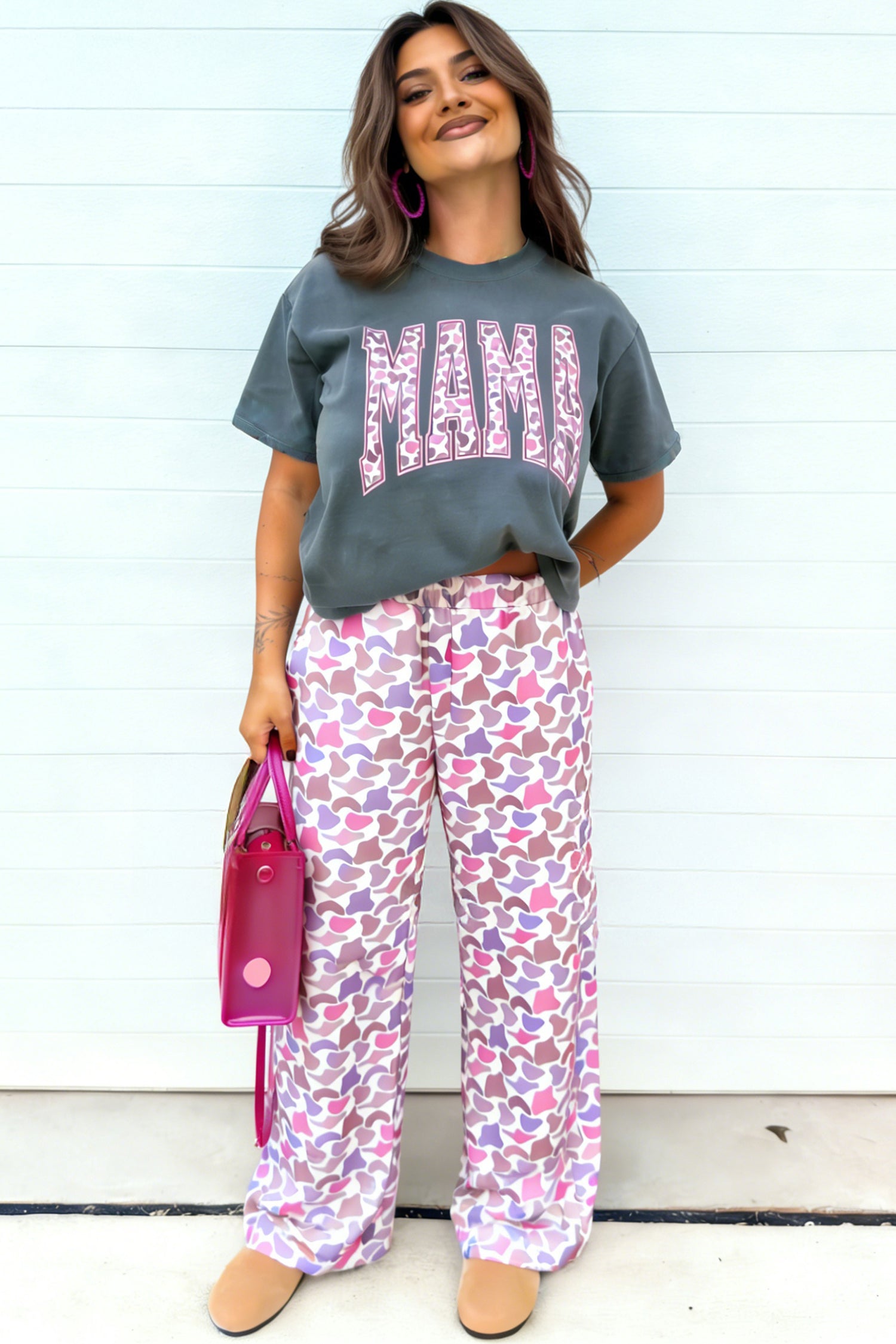 Medium Gray Coordinated Set with MAMA T-shirt and Camouflage Pants