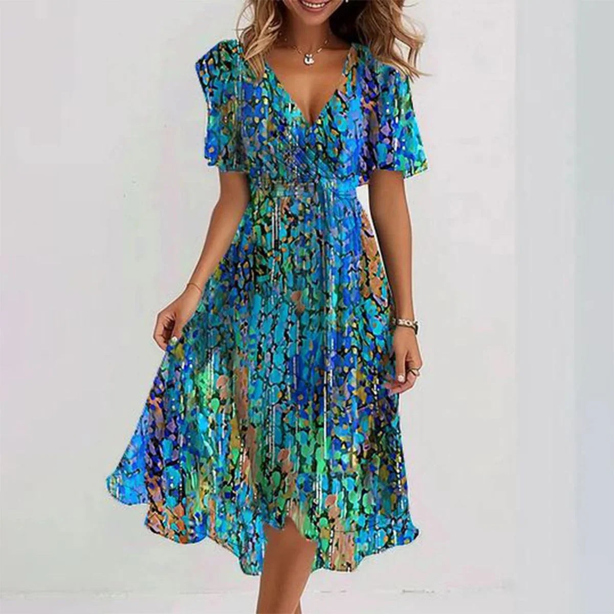 Emily Vestito Midi Donna – Abito Leggero in Chiffon con Stampa Floreale, Scollo a V e Vita Aderente