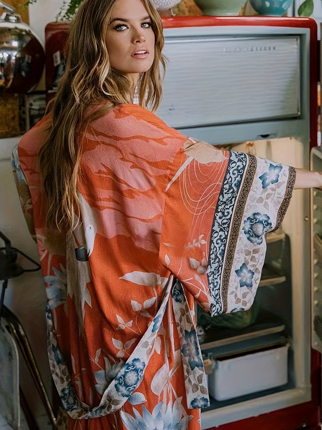 Μακρύ γυναικείο boho φόρεμα με έθνικ print και μακριά μανίκια