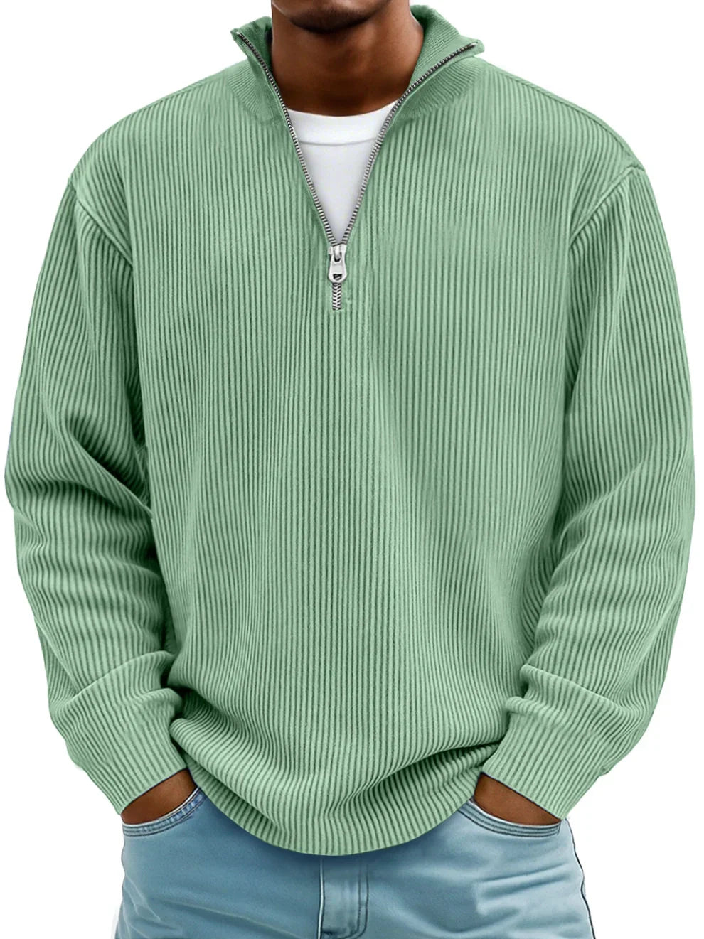 Maglione Uomo a Coste con Mezza Zip Vestibilità Regolare