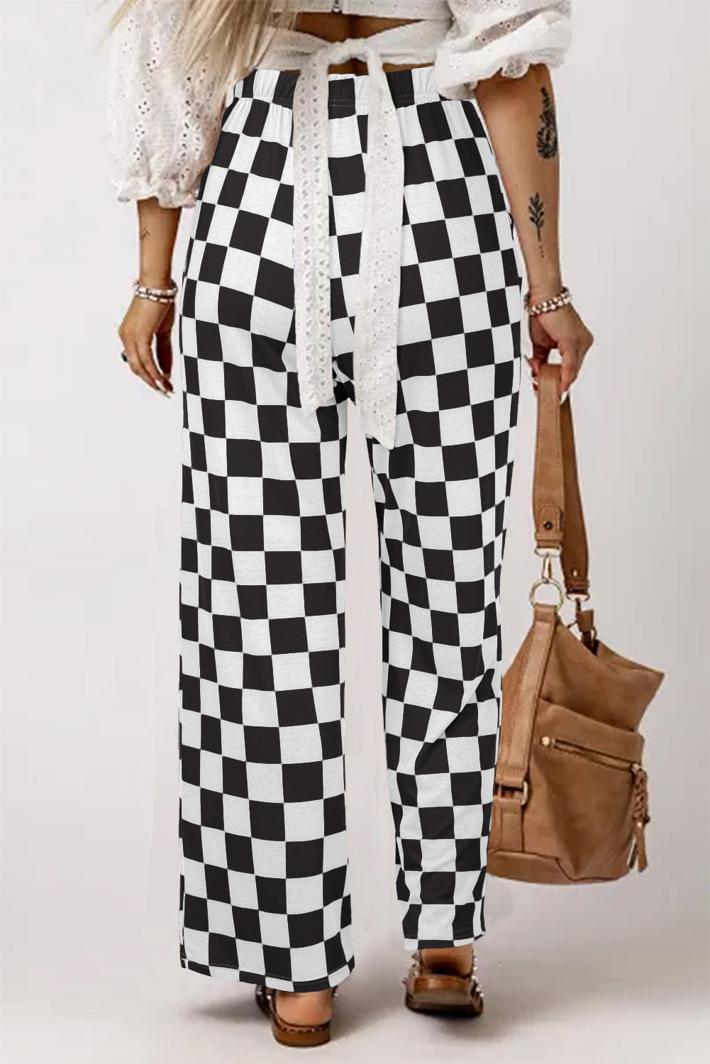 Pantalones largos de tiro alto con estampado de cuadros bicolor