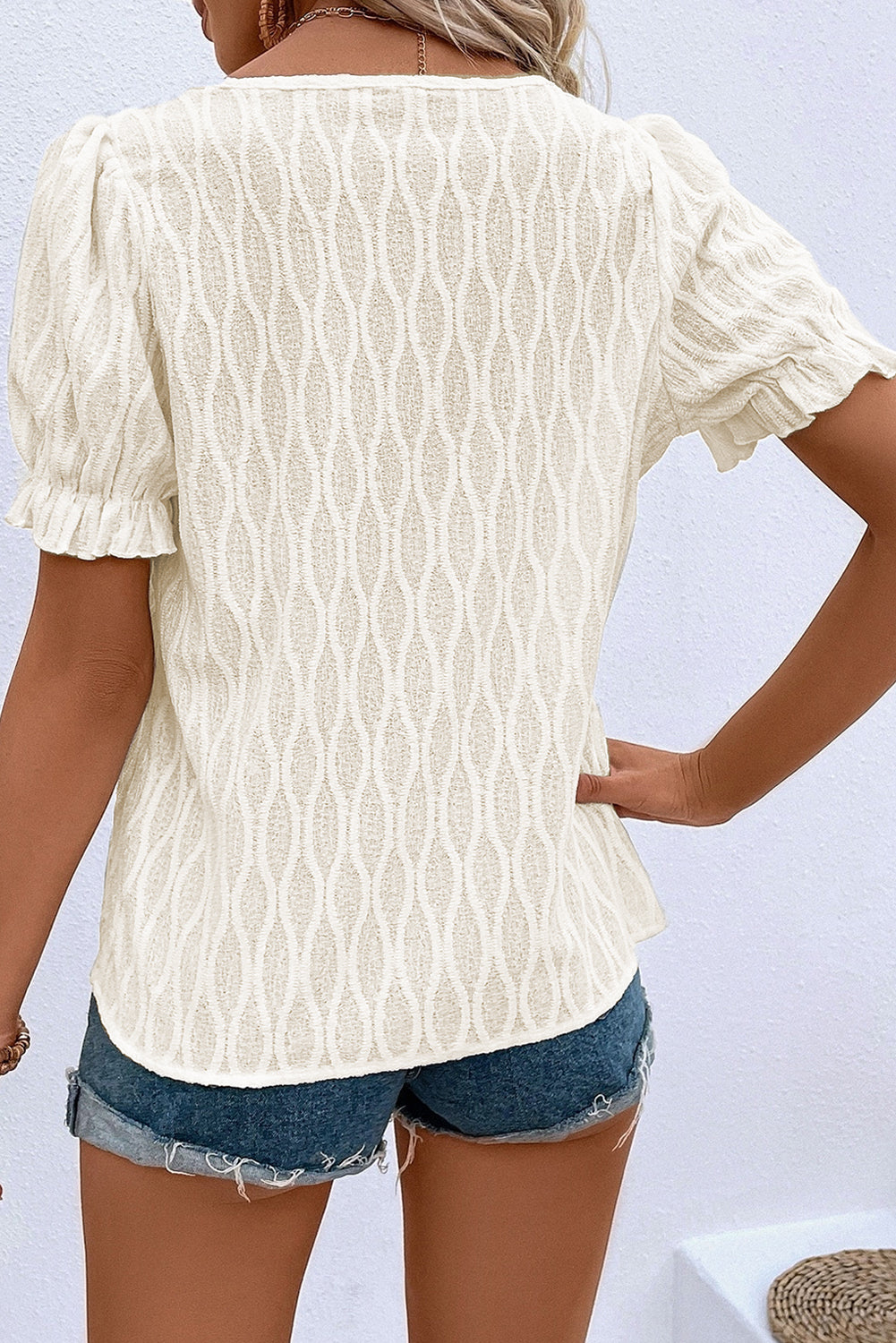 Blusa Testurizzata a Tinta Unita con Scollo a V e Maniche a Sbuffo