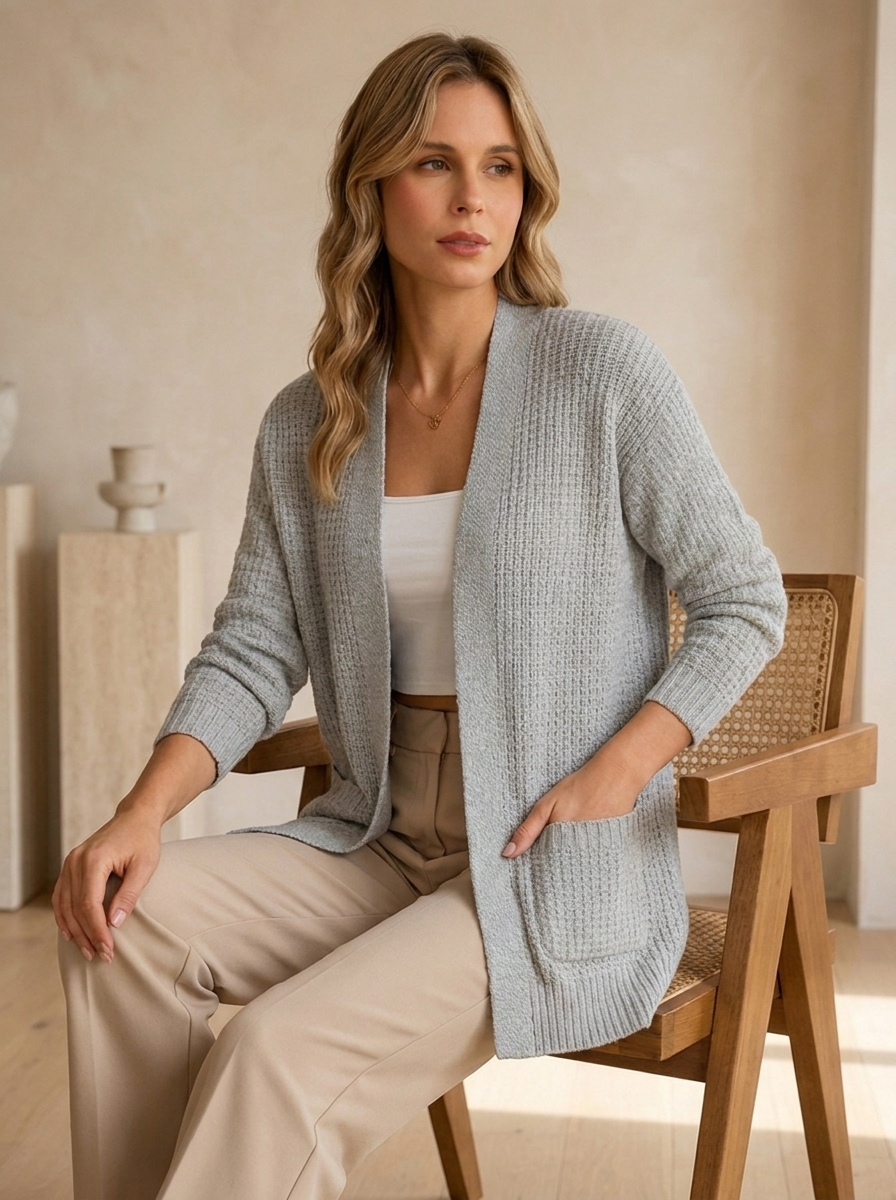 Cardigan Lungo da Donna con Tasche e Vestibilità Morbida