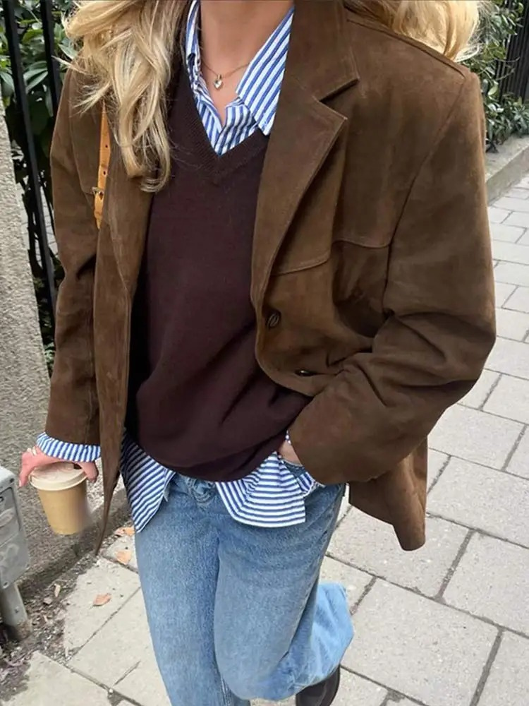 Giacca Blazer Oversize Elegante in Pelle Scamosciata Marrone