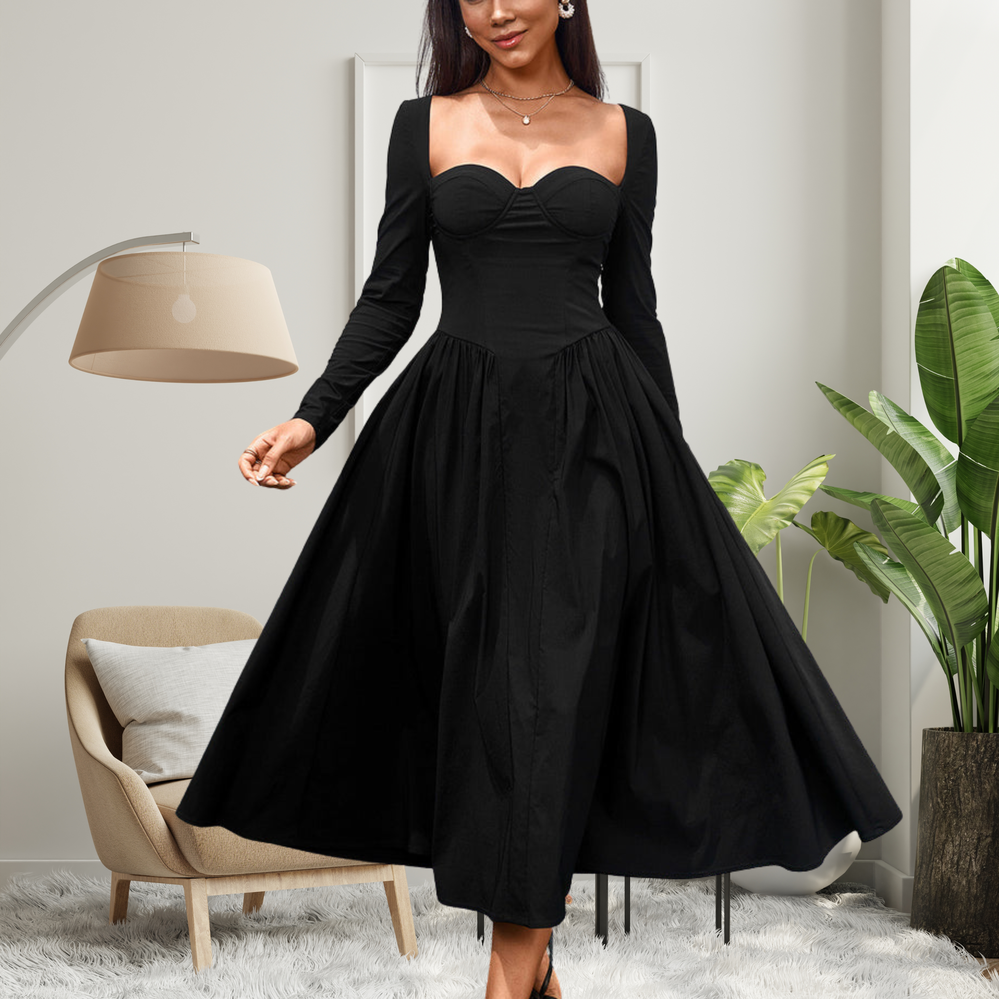 Abito Midi da Donna con Scollo a Cuore e Maniche Lunghe
