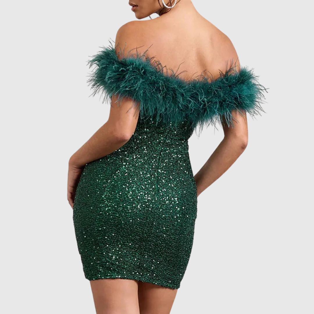 Abito Corto da Sera con Paillettes e Scollo Bardot da Donna