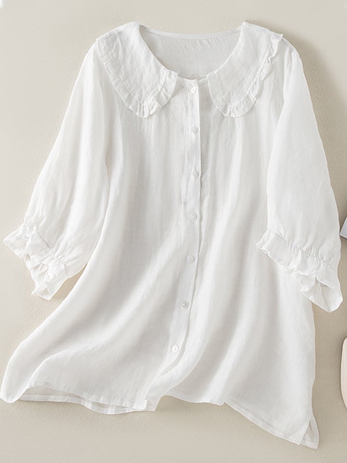 Jillian Camicia Donna – Camicia Ampia in Cotone e Lino con Colletto Peter Pan a Volant Chic