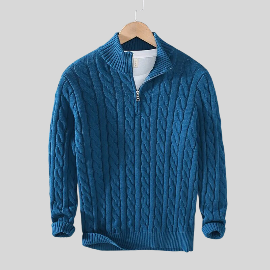 Maglione Uomo a Trecce con Collo Alto e Mezza Zip