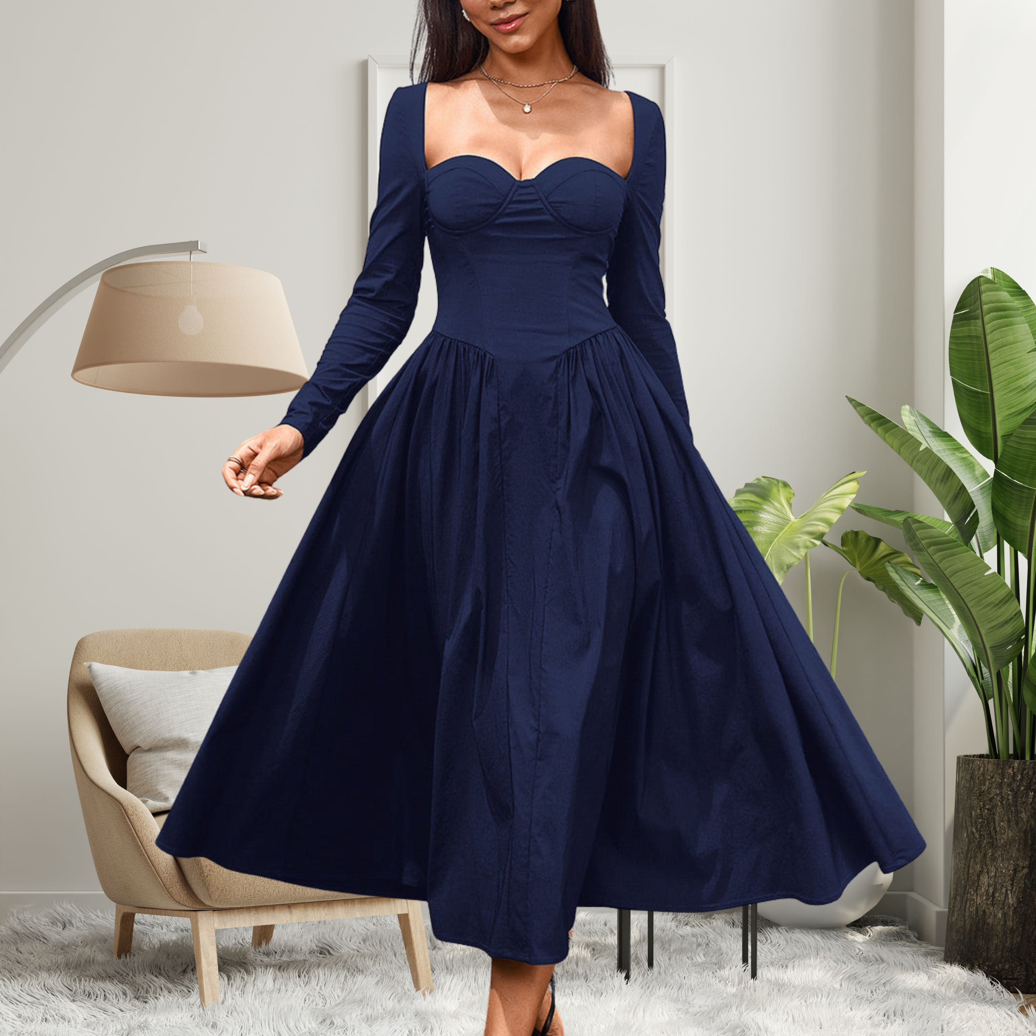 Abito Midi da Donna con Scollo a Cuore e Maniche Lunghe