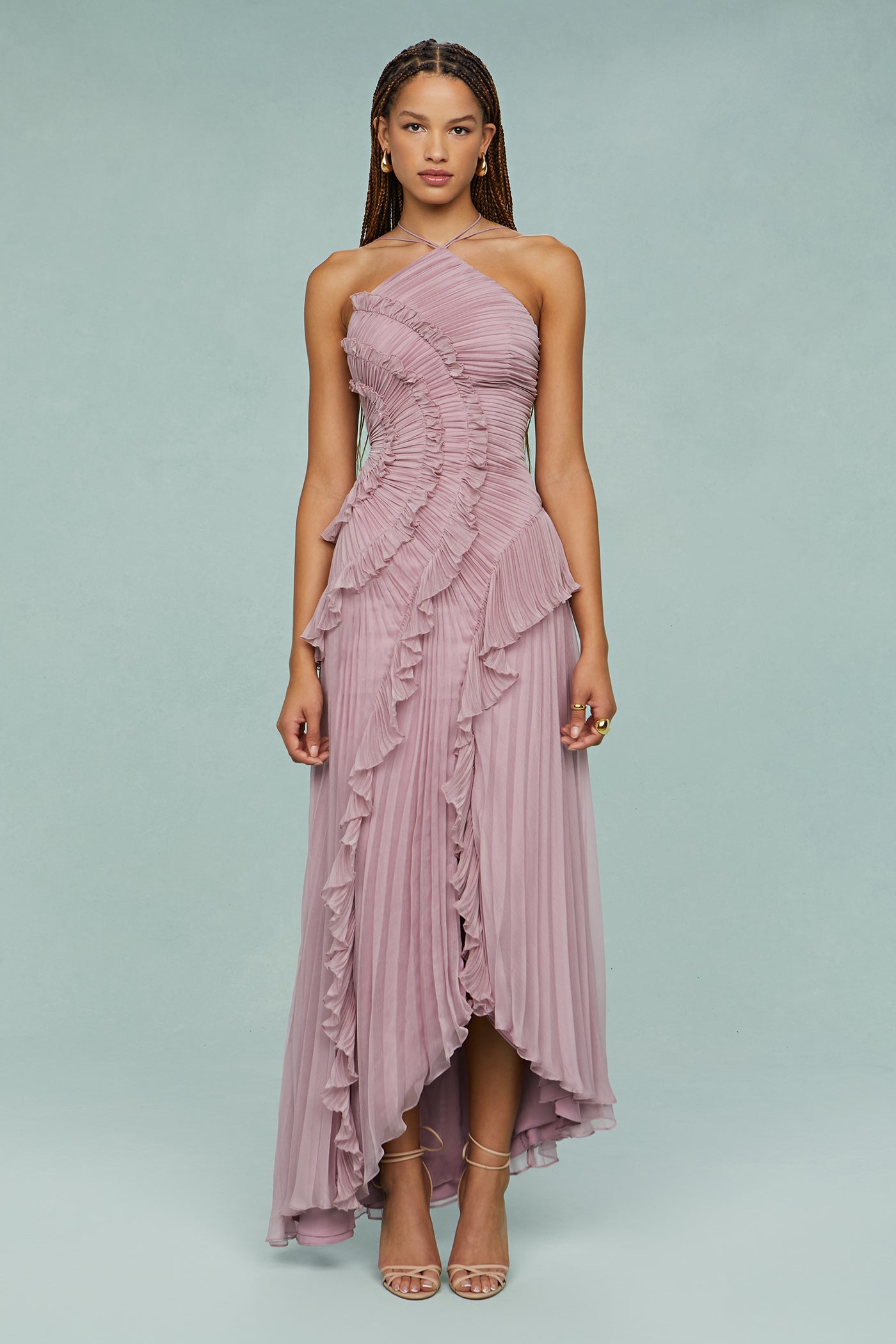 Lucía | Vestito Maxi Donna Volant Plissé Asimmetrico