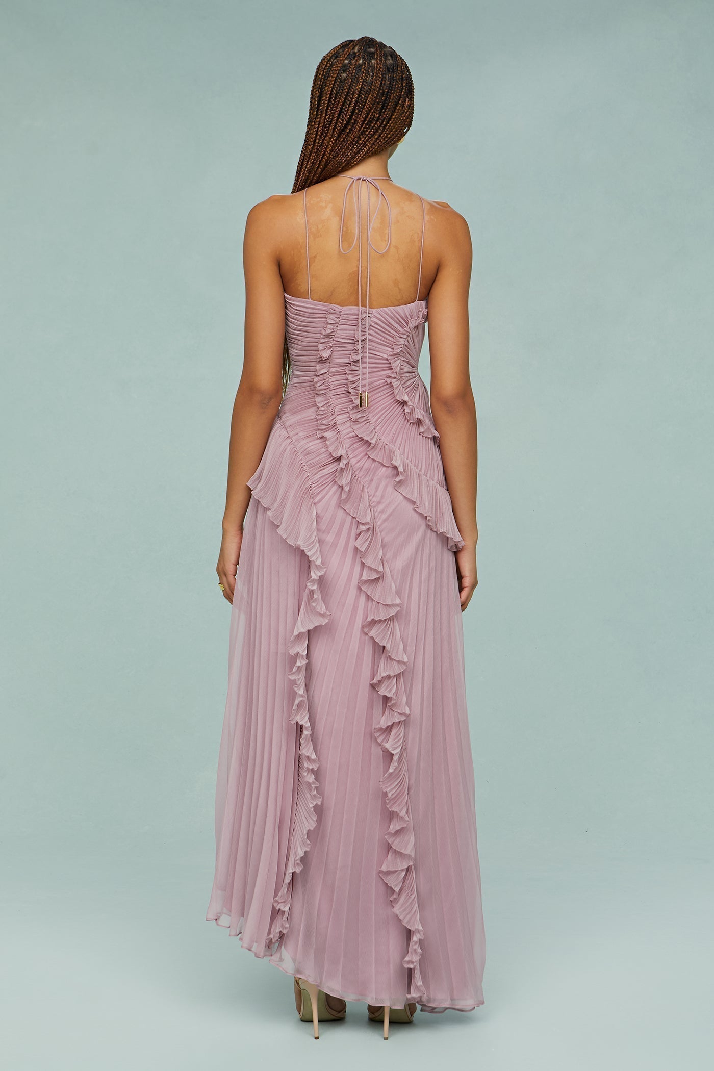 Lucía | Vestito Maxi Donna Volant Plissé Asimmetrico
