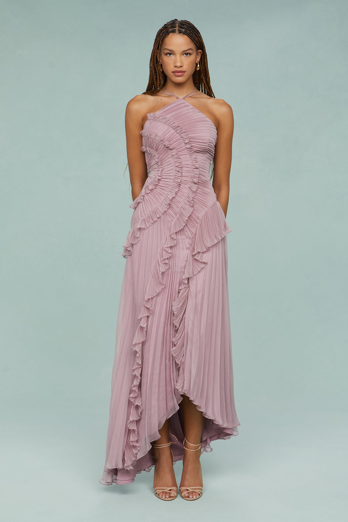Lucía | Vestito Maxi Donna Volant Plissé Asimmetrico