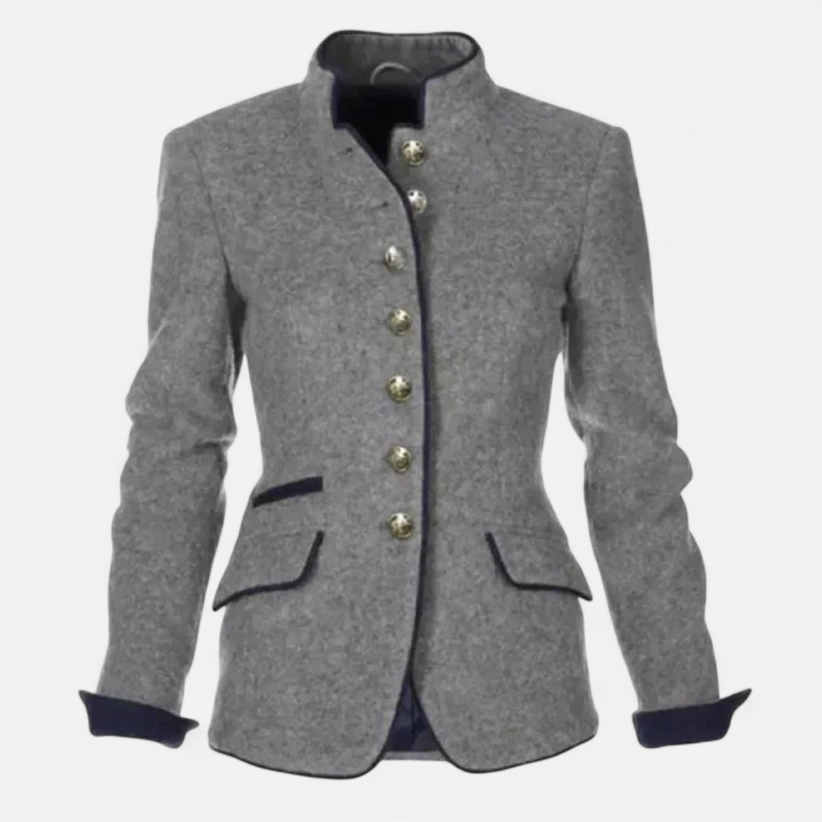 Blazer Donna Grigio con Collo Alto e Bottoni Decorativi