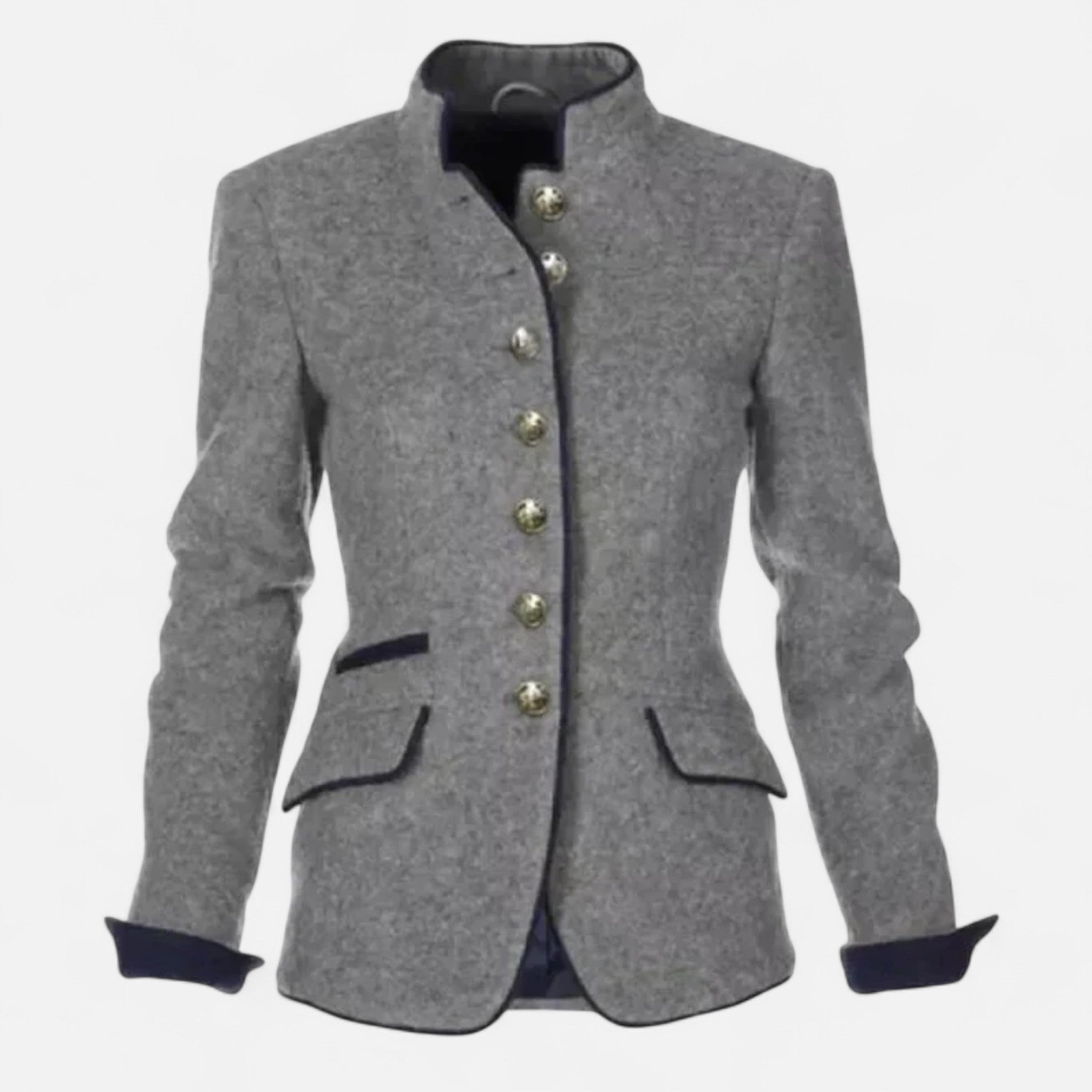 Blazer Donna Grigio con Collo Alto e Bottoni Decorativi