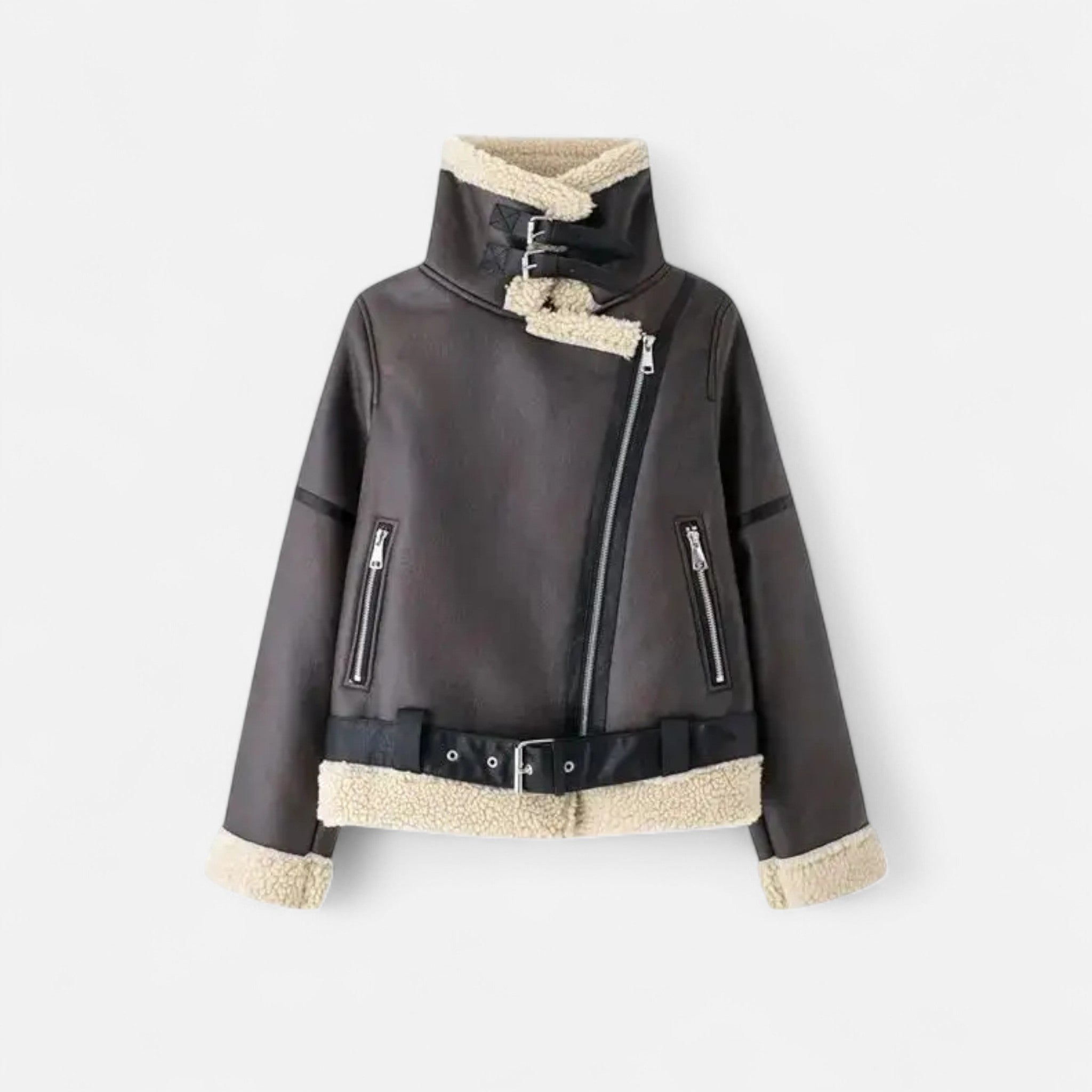 Giacca Aviator Donna con Collo Effetto Shearling e Cintura