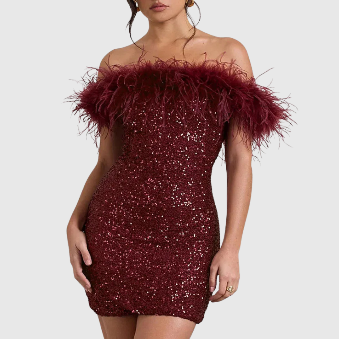 Abito Corto da Sera con Paillettes e Scollo Bardot da Donna