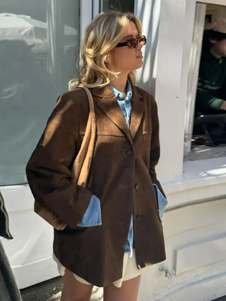 Giacca Blazer Oversize Elegante in Pelle Scamosciata