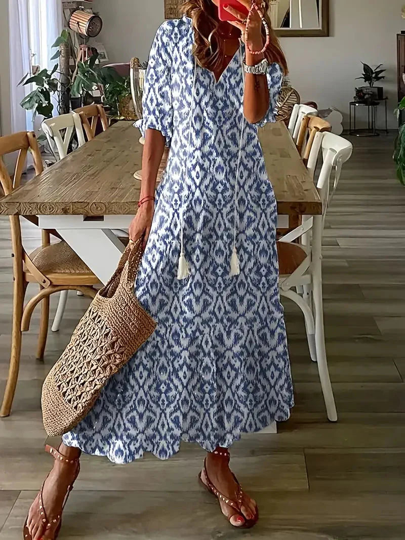 Vestido Boho Charm para Mujer – Elegante Vestido de Verano con Volantes, Escote en V y Estampado Ikat