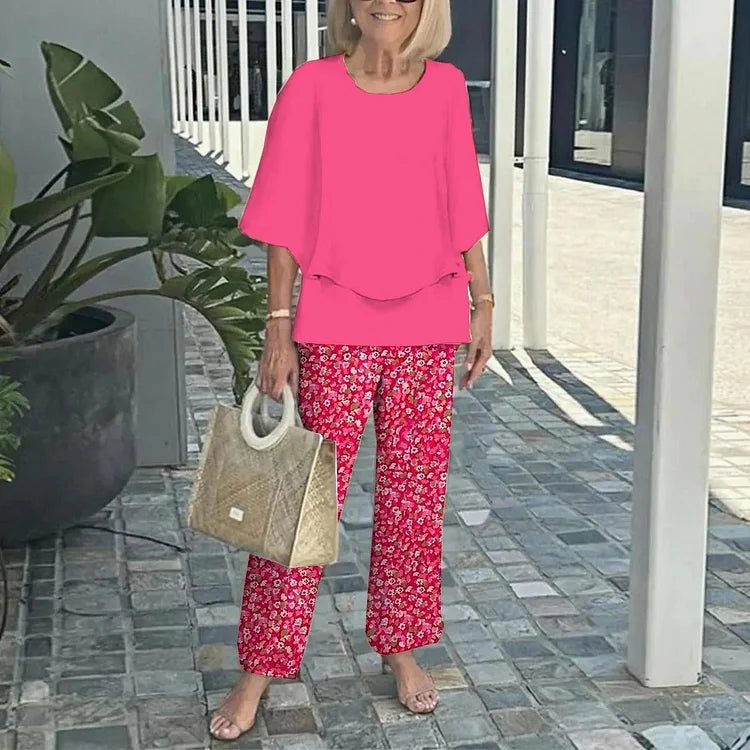 Printet 2-Delt Sæt med Løs Bluse og Bukser til Dame