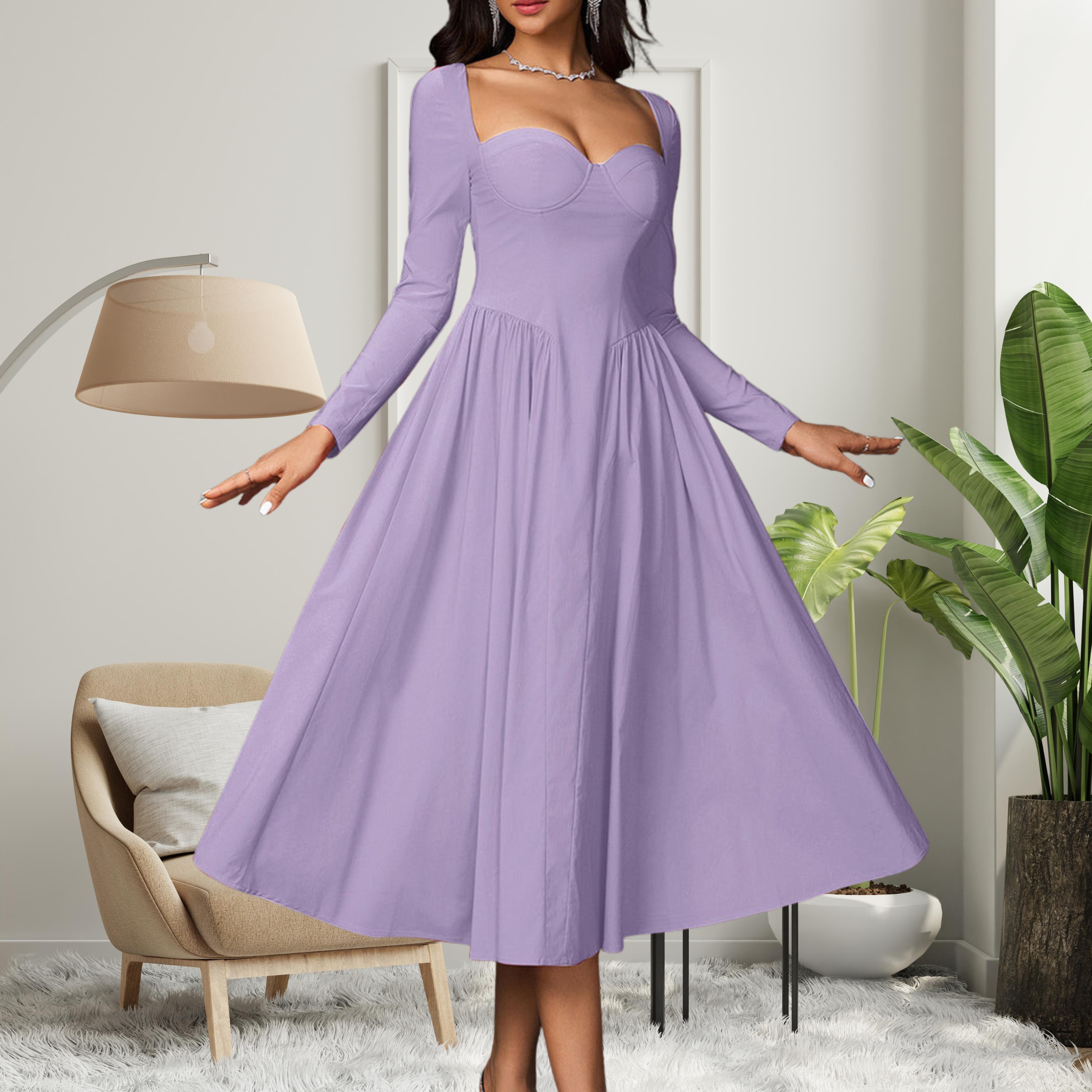 Abito Midi da Donna con Scollo a Cuore e Maniche Lunghe