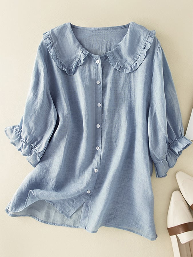 Jillian Camicia Donna – Camicia Ampia in Cotone e Lino con Colletto Peter Pan a Volant Chic