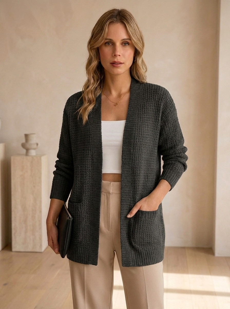 Cardigan Lungo da Donna con Tasche e Vestibilità Morbida