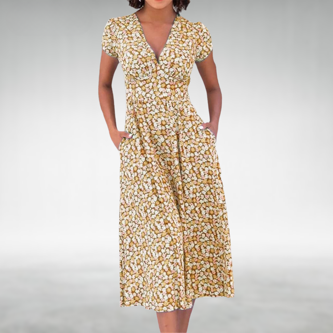 Vestido feminino de verão com decote em V, estilo versátil e descomplicado